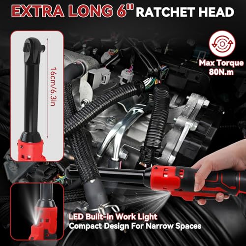 3/8" Extended Cordless Ratchet Wrench Compatible with Milw-aukee 18V Batteries, 320 RPM, 80 N.m Electric Power Ratchet Wrench,Built-in LED Light, Extended 6-inch Long Neck