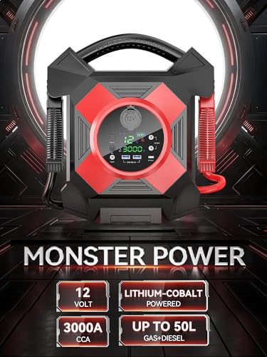 DM1264 Heavy Duty Jump Starter, 12V 30000A Peak, Lithium Battery Booster Pack, Portable Jumper -40°F Instant Start All for 50L Diesel and Gasoline Engines, Semi Truck Class 8 - color: red