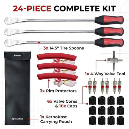 14.5" Tire Spoons Kit – High Leverage Motorcycle Tire Irons & Rim Protectors – Heavy Duty Cr-V Steel Levers for Dirt Bike, ATV, Lawn Mower & Tractor – Includes Valve Tool & Rolling Pouch