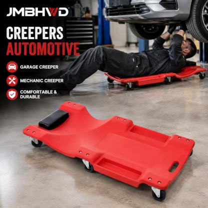 40 Inch Mechanic Creeper, Creepers Automotive Blow Molded Low Profile Under Car Rolling Garage Creeper Shop with Padded Headrest, Dual Tool Trays, 350lbs, Red