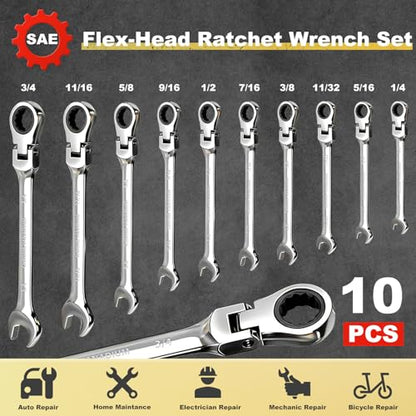 Egofine Flex Head Ratcheting Wrench Set 10 Piece, SAE Wrench Set, CR-V Steel 1/4" to 3/4" Wrench, 72-Teeth Combination wrench set, Chrome plated Ratchet Wrenches Set with Tool Roll Bag - style: SAE-10 piece set