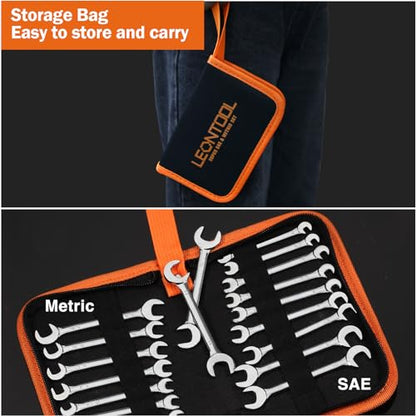 Mini Double Open End Wrench Set Metric and SAE 20 Pcs 4-11mm & 5/32" to 7/16" Mirror Chrome Finish Super Thin Open Ended Spanner Double Angle Head with Portable Storage Pouches - style: Metric & SAE (Double Open End)