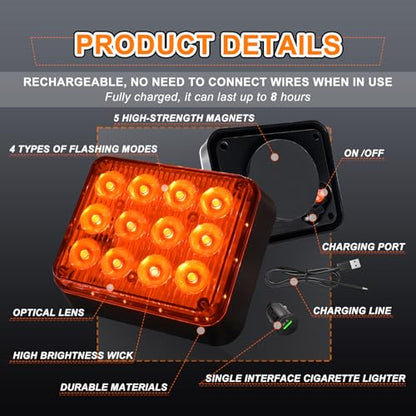 2PCS Amber LED Emergency Strobe Lights, Magnetic Flashing Lights | Rechargeable Strobe Beacon Light,Wireless Battery Powered 12-LED Caution Safety Warning Light for Trucks Trailer Car Van Tow - color: Amber