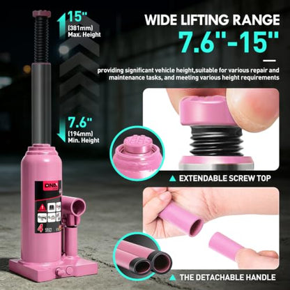 DNA Motoring 4 Ton / 8000 lbs Lifting Automotive Welded Hydraulic Bottle Jack for Car SUV Pickup, Auto Repair, with Manual Handle & Carrying Storage Case, Pink - color: Pink, style: 4 ton