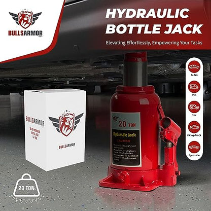 BullsArmor Hydraulic Bottle Jack - 20 Ton (40,000 lb) Capacity - Welded Heavy-Duty Design with Extended Pump Handle - Ideal for Cars, Trucks, RVs, and Industrial Use - Red - size: 20 Ton