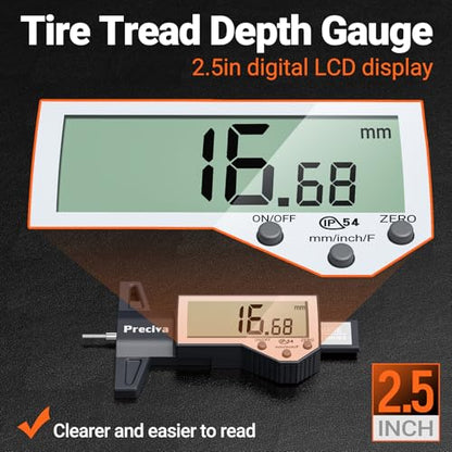 Preciva Tire Tread Depth Gauge & Brake Lining Gauge Set, Digital Tire Depth Gauge with Large LCD Display and Inches, Millimeters, Fraction Conversion, for Tread Depth, Brake Shoe and Pad Wear - color: Silver