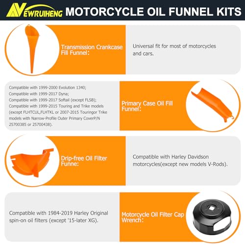 Oil Change Kit Compatible with Harley, Oil Filter Cap Wrench, Crankcase Fill Funnel, Primary Case Oil Funnel, Drip Free Oil Filter Case, Transparent Tube, Oil Drain Plug and 30PCS O-Rings Include