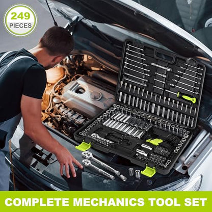 FASTPRO 249-Piece Mechanics Tool Set, 1/2", 3/8", 1/4" Socket Set, SAE and Metric Socket Wrench Set, Include Combination Wrenches, Ratchets, Hex Keys, Tool Kit for Auto Repairs and Maintenance