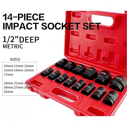 TONYNOL 1/2 Inch Shollw Drive Impact Socket Set,6-Point,Metric (10mm-32mm),14 Pcs,Cr-Mo Steel,With a Storage Case - size: 1/2" 14PC Shallow Metric (10-32mm), style: 6-Points
