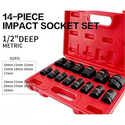 TONYNOL 1/2 Inch Shollw Drive Impact Socket Set,6-Point,Metric (10mm-32mm),14 Pcs,Cr-Mo Steel,With a Storage Case - size: 1/2" 14PC Shallow Metric (10-32mm), style: 6-Points