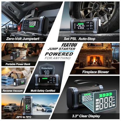 High-Power 9000A Jump Starter with Air Compressor, 12V Car Battery Jump Starter, Portable Jump Box for Car(All Gas/14L Diesel) with Tire Inflator, PD 30W Fast Charge, Forced Boost Battery Jumper