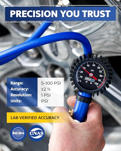 Tire Inflator with Pressure Gauge and Longer Hose - Most Accurate, Heavy Duty Air Chuck with Gauge for Air Compressor Tire Inflator Attachment - 100PSI - size: Schrader