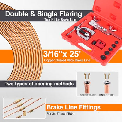 3/16" Brake Line Repair Kit, Double & Single Brake Line Flaring Tool Kit + 25ft 3/16 Inch Copper Coated Brake Line with 40 Pcs Fittings(4 Unions Included) + Brake Line Bender - color: Gold, size: 3/16"