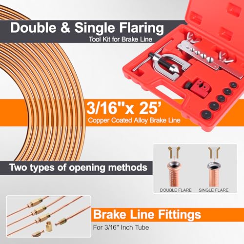 3/16" Brake Line Repair Kit, Double & Single Brake Line Flaring Tool Kit + 2 Set 25ft 3/16 Inch Brake Line with 100 Pcs Fittings(8 Unions Included) + Brake Line Bender - size: 3/16"