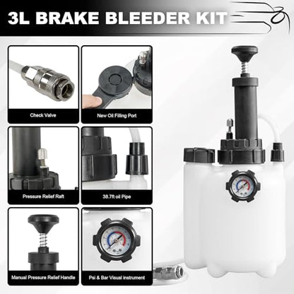 3L Brake Bleeder Kit with Universal Adapter, Manual Brake Bleeder Vacuum Pump Kit with 1L Brake Bleeder Bottle and 4 Master Cylinder Adapters, Brake Bleeding Kit Suitable for Most Vehicles