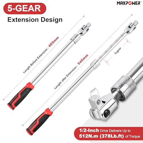 MAXPOWER Breaker Bar, 1/2-Inch Drive Extendable Breaker Bar Flex Handle Length Adjustment 15.9 inches to 21-1/2 inches - style: Extendable handle