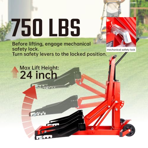 750lb Capacity, Adjustable Hydraulic Riding Lift Jack Heavy Duty Construction with Safety Lock for Tractors, ATVs and Zero Turn Lawn Mowers