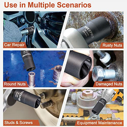 10PCS Lug Nut Removal Tool, 1/2" Drive Bolt Extractor Kit | Impact Twist Socket Kit, Stripped For Damaged, Frozen, Studs, Rusted, Rounded-Off Bolts, Nuts & Screws, Cr-Mo Steel - size: 10-Piece Twist Socket Set