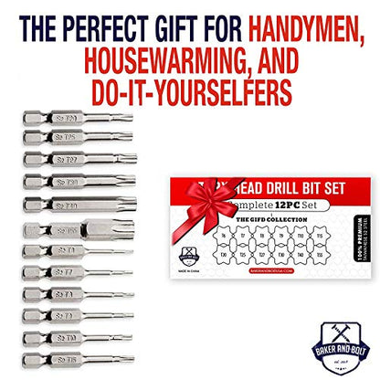 Baker and Bolt Torx Head Drill Bit Set - Premium12pc Set w/Storage Case T6 - T55 1/4in Hex Shank Magnetic Star Security Kit Long 2inch Torx Key Bits S2 Steel for drills and Impact Drivers - style: TORX