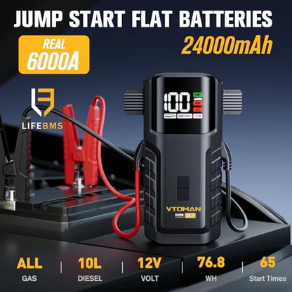 VTOMAN VL7 6000A Jump Starter Upgraded with LiFePO4 Battery,24000mAh Portable Car Battery Booster (All Gas/10L Diesel),12V Jump Box Power Pack with USB-A,Type-C & DC Output,LED Light,EVA Bag