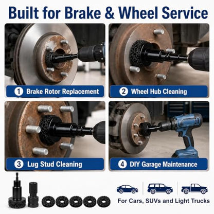 Wheel Hub Resurfacing Kit, Hub Cleaning Tool, Wheel Stud Cleaner | 6 Grinding Pads for Brake Rotor Rust Removal; Fits Power Drill and 1/2" Impact Wrench for Automotive Maintenance