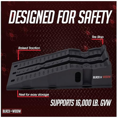 Black Widow 13" W Stackable Plastic Car Service Ramps – 16,000 lb. GVW Capacity per Pair, Lightweight High-Impact Grid Design, 6.25” Lift Height, Built-in Handles