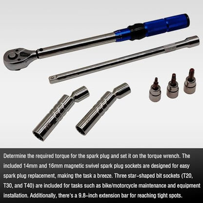 7PCS 3/8 Inch Drive Click Torque Wrench Set, 5-60 N.m with 9.8'' Long Extension Bar, 14mm 16mm Spark Plug Socket, T20 T30 T40 Bit Socket for Car Engine Repair Spark Plug Replacement