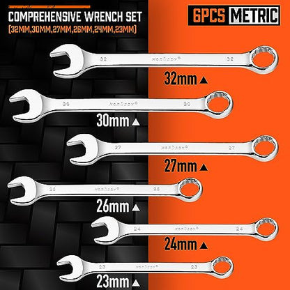 HORUSDY Large Wrench Set with Rolling Pouch | Metric | 6-Piece | 23mm, 24mm, 26mm, 27mm, 30mm, 32mm | 12 Point | Chrome Vanadium Steel - style: 6-Piece Metric Wrench Set