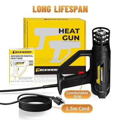 TECKWRAP Heat Gun 2000W 110V with LCD Display, Adjustable Hot Air Gun for Vinyl Wrap, Shrink Wrap, Paint Removal & DIY Crafts (122–1202°F)