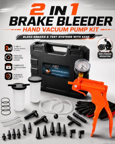 SGT 2 in 1 Brake Bleeder Kit,Brake Bleeding Kit with Hand Vacuum Pump and Adapters,for Brake Fluid Power Steering Fluid More,Vacuum Brake Bleeder Pump with Case & Gloves