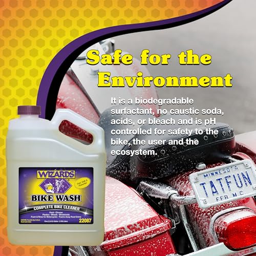 Wizards Complete Bike Wash - Motorcycle Cleaner Spray, Foaming pH-Controlled Formula Lifts Road Grime, Brake Dust and Engine Grease from Paint, Chrome and Plastics for Bike Detailing - 1 Gallon - size: 1 Gallon