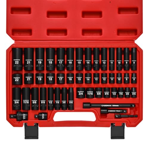 CASOMAN 3/8" Drive Impact Socket Set, 49 Piece Standard SAE and Metric Sizes (5/16-Inch to 3/4-Inch and 8-22 mm), 6 Point, Cr-V Steel Socket Set - size: ‎3/8"Drive 48pcs Impact Master Socket Set