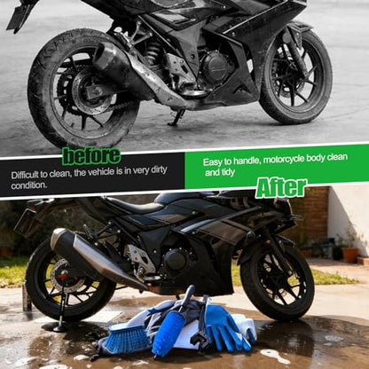 7-piece motorcycle cleaning kit, including Portable Lift Jack for Chain Maintenance & Wheel Cleaning with Chain Brush, Tire and Wheel Brush, Oil-Pads,Universal Fit for Dirt Bike, Motorcycle
