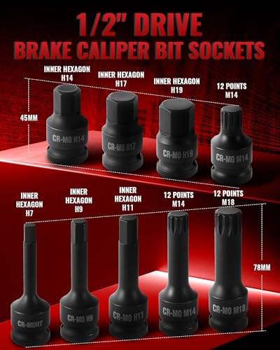 Reywoo 16-Piece Impact Brake Caliper Socket Set, 1/2" Square Drive Brake Adjusting Tool Kit Compatible with Audi Benz BMW Porsche Ford VW