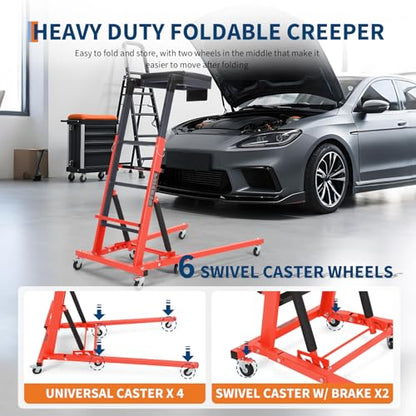Topside Automotive Creeper,Engine Topside Creeper with Adjustable Height 48"-66", 400 Lbs Heavy-Duty Foldable Garage Creepers, 6 Swivel Casters, Padded Deck, Tool Pouch, for Truck/SUV Garage Mainten - color: orange