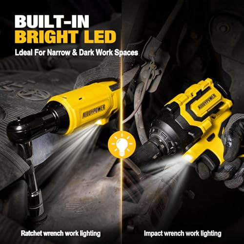 1/2'' Brushless Impact Wrench 516 ft-lbs(700 Nm) and 3/8'' Cordless Ratchet Wrench 44 ft-lbs (60 Nm),20V Wrench Combo Set, with Variable Speed, LED Light, 4.0Ah &2.0Ah Battery, Charger