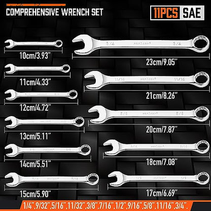 HORUSDY 11-Piece SAE Combination Wrench Set, 1/4''–3/4'' 12-Point Open End and Box End Wrench Kit with Organizer, Chrome Vanadium Steel Tools for Mechanics, Garages and Workshops - style: 11-Piece SAE Wrench Set