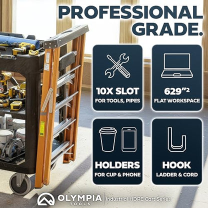 Olympia Tools 2-in-1 Heavy Duty Utility Work Cart, Rolling Tool Cart with Wheels, Convertible 3-Shelf to Flat Top Workstation, 660 Lb Capacity, Black - size: 600 Lb
