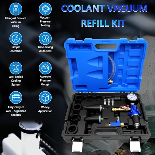 Coolant Vacuum Refill Kit, 15pc Radiator Cooling System Tool Set | With Conical Adapter 6 Round Adapters for Leak Detection Cooling Refill, Vacuum Coolant Fill Kit with Splashproof Hose