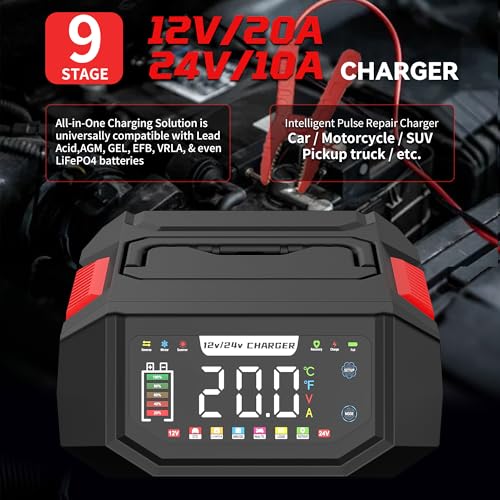 20A Battery Charger, 12V/24V Fully Automatic Trickle Charger, Red | Adjustable 1-20A Car Battery Charger, Battery Maintainer, Pulse Repair, for LiFePO4, Lead Acid, Deep Cycle Batterie
