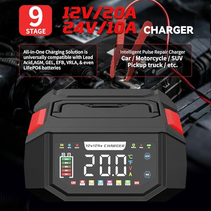 20A Battery Charger, 12V/24V Fully Automatic Trickle Charger, Red | Adjustable 1-20A Car Battery Charger, Battery Maintainer, Pulse Repair, for LiFePO4, Lead Acid, Deep Cycle Batterie