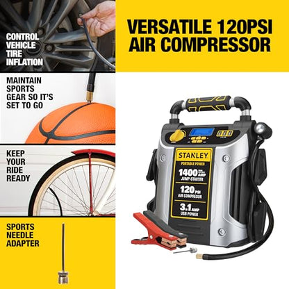 Stanley J7C09D 1400 Peak Amp Automotive Jump Starter, Portable Power – Triple 15W USB Ports, 120 PSI Air Compressor for Tires & Sports Equipment - size: 1400 Amps
