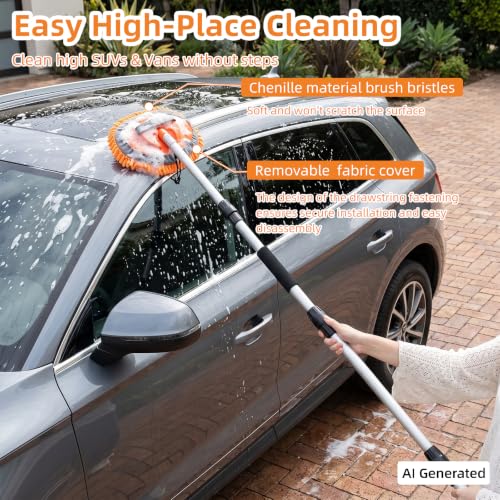 70" Car Wash Brush with Long Handle, 12-Inch Flow-Thru Soft Bristle Car Washing Brush, Wheel Brush, Microfiber Cleaning Mop, Mitt, Window Squeegee, Interior Cleaning Kit, Bag, for Car SUV Truck RV