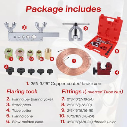 25 ft 3/16'' Copper Coated Brake Line Kit (Includes 16 Fittings and 4 Unions Brake Line Fittings) + Double & Single Flaring Tool Kit for Automotive, Fuel,Hydraulic Systems