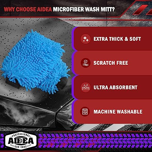 AIDEA Car Wash Mitt Microfiber, 2PK, Car Wash Brush, Blue, 8''X12'' | Scratch Free Lint Free Premium Chenille Microfiber Mitt, Cleaning Supplies, Extra Large Size - color: Blue, size: 2PK-8''X12''