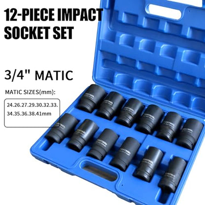 TONYNOL 3/4 Inch Drive Deep Impact Socket Set,6-Point,Metric (24mm to 41mm),12 Pcs,Cr-Mo,Heavy Duty Impact Socket Set,With a Storage Case - size: 3/4" Drive 12-Piece (15/16" to 1-5/8")