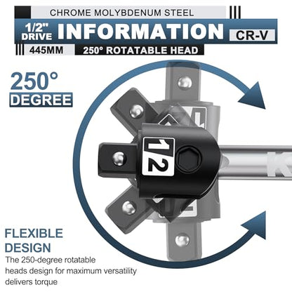 17.5-Inch 1/2” Drive Breaker Bar, Heavy Duty Extension Breaker Bar, 250° Rotatable Head, Premium Chromium Molybdenum Steel, Mechanical Work, Automobile and Motorcycle Maintenance and Repair - size: 1/2" 17.5 in