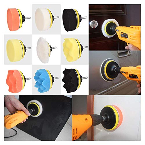 11Pcs 3 Inch Car Foam Drill Polishing Pad Kit Buffing Sponge Pads Kits by Yesallwas,for Car Sanding, Polishing, Waxing (8 Polishing Pads,1 Woolen Buffer, 1 Thread Drill Adapter with Shank) - size: 3"/80mm 11pcs
