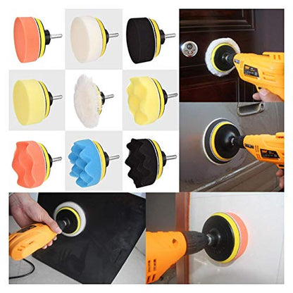 11Pcs 3 Inch Car Foam Drill Polishing Pad Kit Buffing Sponge Pads Kits by Yesallwas,for Car Sanding, Polishing, Waxing (8 Polishing Pads,1 Woolen Buffer, 1 Thread Drill Adapter with Shank) - size: 3"/80mm 11pcs