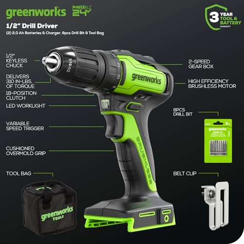 Greenworks 24V Brushless 2PCS Cordless Brushless Power Tool Combo Kit, include 310 in-lbs Drill Driver, 18,000 OPM Multi Tool, 2 x 2Ah Batteries and Charger - size: 2PCS Combo Kits(Drill+Multi-Tool)